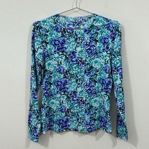 Lands' End Women's LS Rash Guard Swim Tee XS Deep Sea Avery Waves Preowned